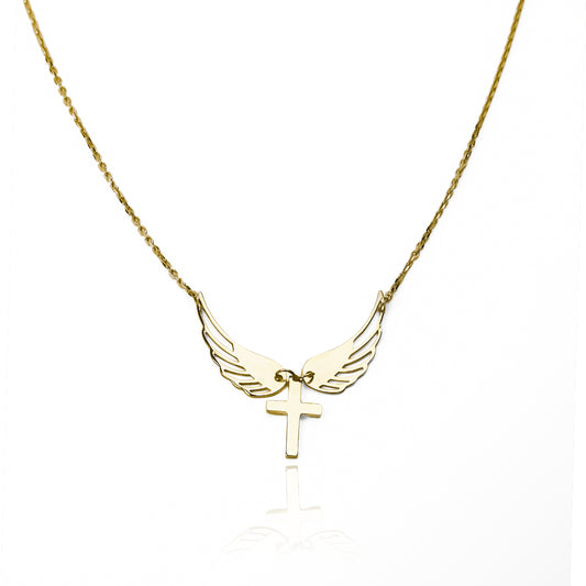 Gargantilla wings and cross, fabricado en oro 18K por Joyería Caracas, cuenta con un certificado de calidad y garantía de por vida.