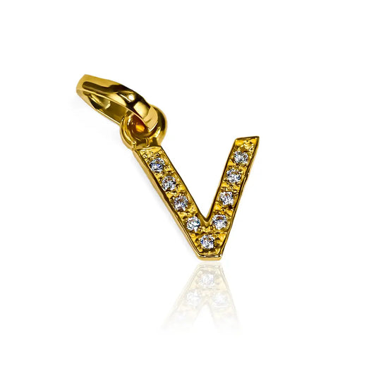 Letra V crystal JT, fabricado en Joyería Caracas. Con su diseño en oro 18K y la garantía de por vida.