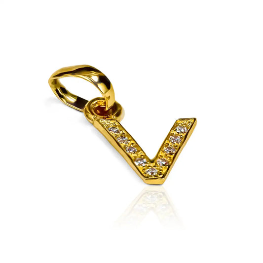 Letra V crystal JT, fabricado en Joyería Caracas. Con su diseño en oro 18K y la garantía de por vida.