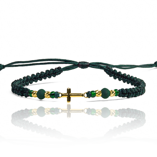 Pulsera Cruz M + Esferas #3 x4 elaborada en oro 18k por Joyería Caracas y presenta detalles en hilo coreano, cuenta con garantía de por vida.