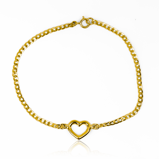 Pulsera Cubana - Corazón JT fabricada en Oro 18K por Joyería Caracas, esta pulsera es garantía para toda la vida.