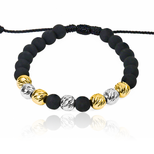 Pulsera Esferas Facetadas #8mm de Joyería Caracas está elaborada en oro 18k, con detalles en hilo terlenca y bisutería de calidad. Con garantía de por vida y sin costo adicional.