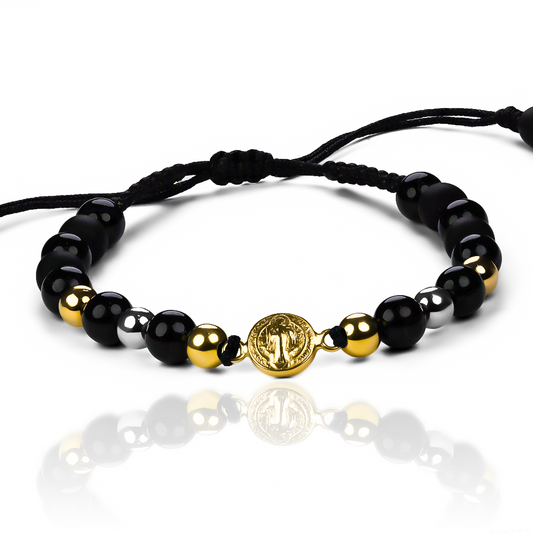 Pulsera San Benito S con esferas #5 de oro 18K por Joyería Caracas. Con garantía para toda la vida.