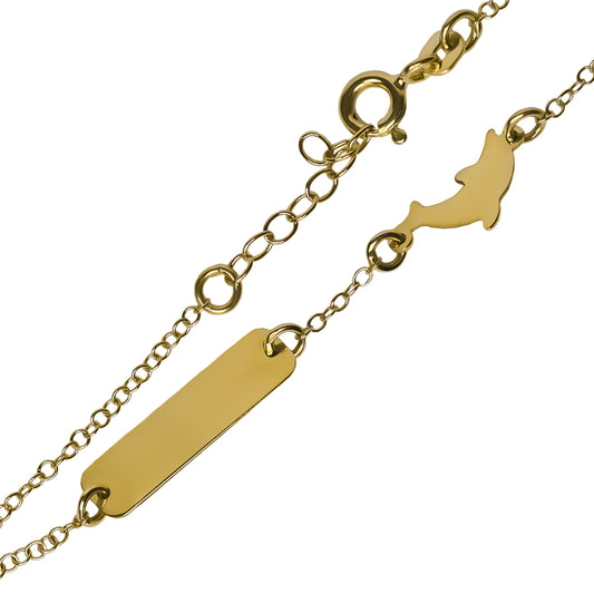 Pulsera bebe delfín elaborada en Oro 18K por Joyería Caracas, cuenta con certificado de calidad y garantía de por vida.