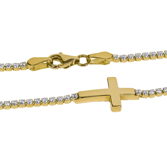 Pulsera Tennis Cruz fabricada con Oro 18K por Joyería Caracas. Además, cuenta con una garantía para toda la vida.
