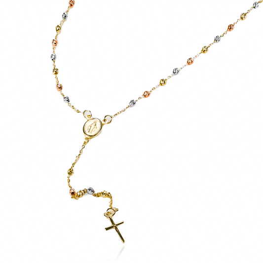 Rosario 3 Oros II M I, fabricado en oro 18K por Joyería Caracas, cuenta con un certificado de calidad y garantía de por vida.