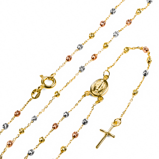 Rosario 3 Oros II M I, fabricado en oro 18K por Joyería Caracas, cuenta con un certificado de calidad y garantía de por vida.