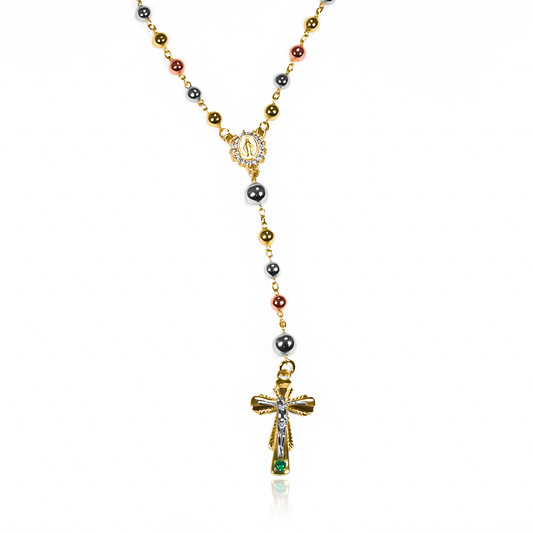 Rosario Tres Oros H Cruz Esmeralda MP, fabricado en Oro 18K por Joyería Caracas, cuenta con certificado de calidad y garantía para toda la vida.