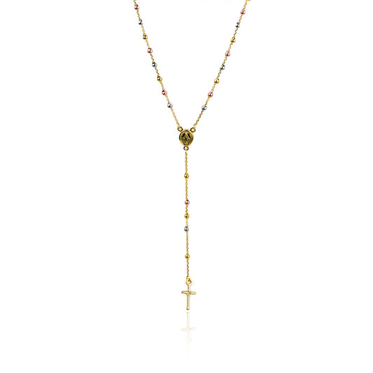 Rosario SS Tres Oros I, fabricado en oro 18K por Joyería Caracas, cuenta con un certificado de calidad y garantía de por vida.