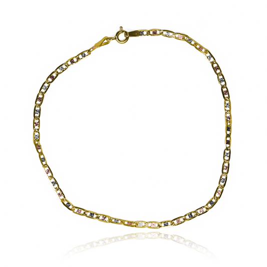 Tobillera Escalera plana 3 oros elaborada en oro 18k por Joyería Caracas, cuenta con garantía para toda la vida.