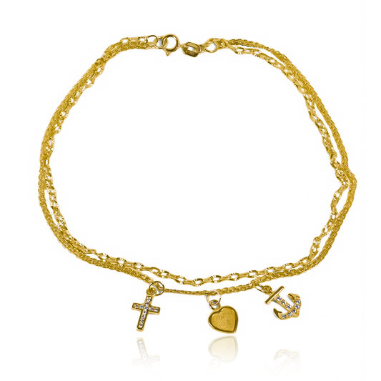 Tobillera las 3 Gracias, fabricada en Oro 18K por Joyería Caracas, cuenta con certificado de calidad y garantía de por vida.