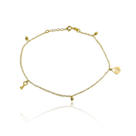 Tobillera llave de tu corazón, elaborada en oro 18K por Joyería Caracas, cuenta con certificado de calidad y garantía de por vida.