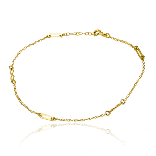 Tobillera infinito clip, elaborada en oro 18K por Joyería Caracas, cuenta con un certificado de calidad y garantía para toda la vida.