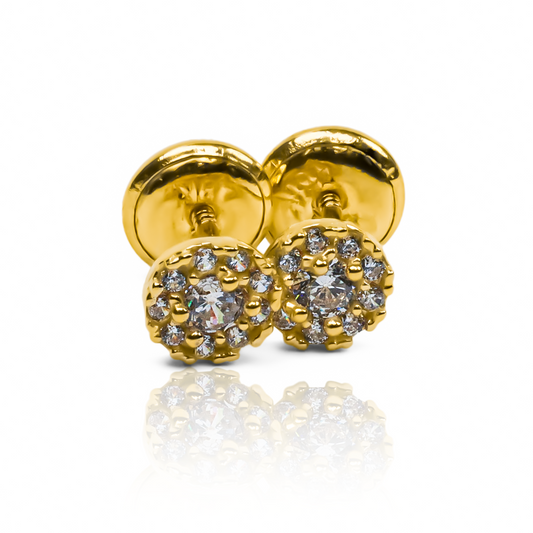 Topitos Cristal Circle fabricados en Oro 18K por Joyería Caracas, cuentan con una garantía de por vida.