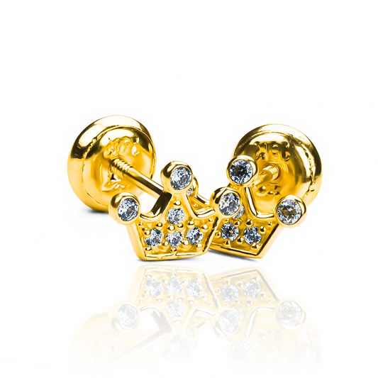 Topitos Crown crystal fabricados en oro 18k por Joyería Caracas, cuentan con garantía para toda la vida.
