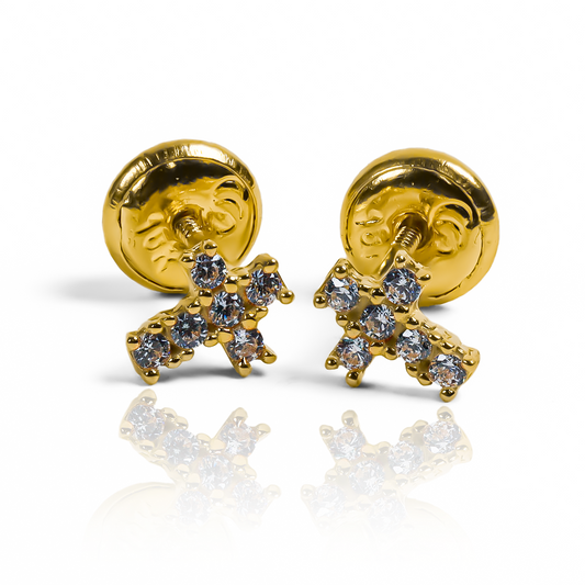 Topitos Cruz mini cristal, elaborados con oro 18K de la prestigiosa Joyería Caracas. Con garantía para toda la vida.