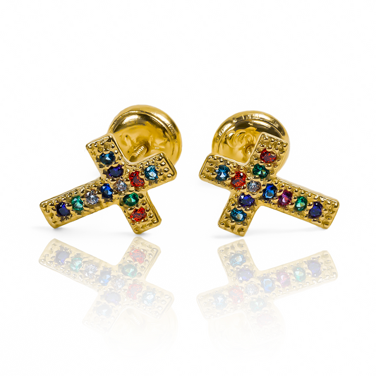 Topitos Cruz multicolor de Joyería Caracas. Hechos en oro de 18K por Joyería Caracas, cuentan con garantía para toda la vida.