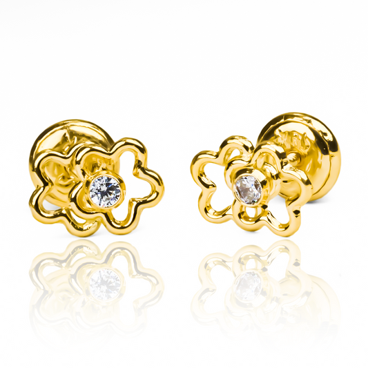 Topitos flor calada gemela centro cristal, fabricados en oro 18K por Joyería Caracas y respaldado por nuestra garantía de por vida.