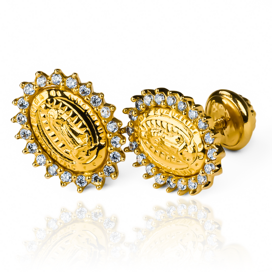 Topitos Guadalupe cristales L JT. Fabricados con oro 18K y garantía de por vida por Joyería Caracas.