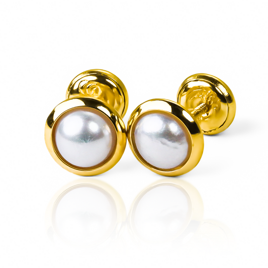 Topitos Perlas Biseladas fabricados en Oro 18K por Joyería Caracas, también viene con una garantía para toda la vida.