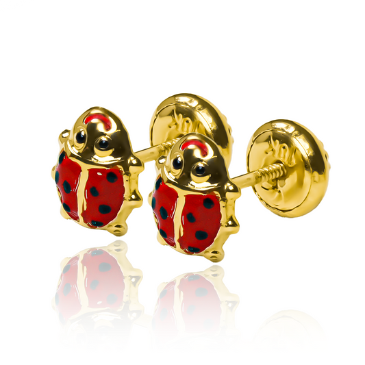 Topitos Ladybug L, fabricados en Oro 18K por Joyería Caracas, cuentan con certificado de calidad y garantía para toda la vida.