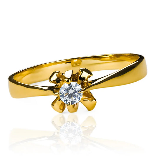 Anillo de compromiso tulipán, fabricado en Joyería Caracas en oro de 18k, cuenta con certificado de calidad y garantía de por vida.