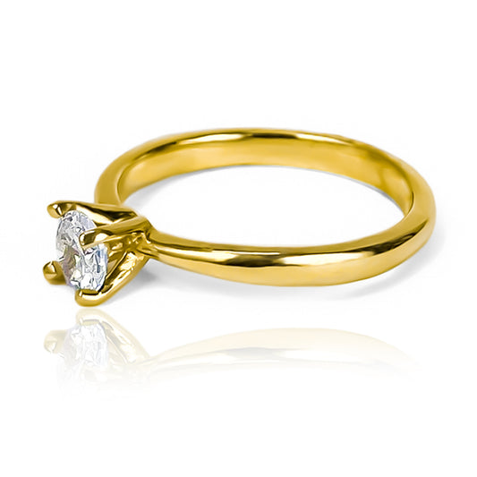 Anillo de compromiso Zigurat, una joya exclusiva fabricada por Joyería Caracas en oro de 18 quilates. La pureza del oro de 18K garantiza durabilidad y un brillo excepcional.