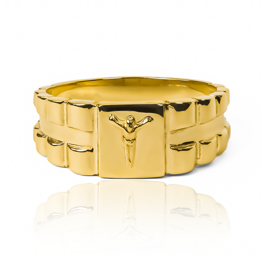 Anillo Armis + Cristo, con la exclusiva Joyería Caracas. Este anillo en lujoso oro 18k es una muestra de sofisticación y estilo refinado. Con nuestra garantía de por vida.