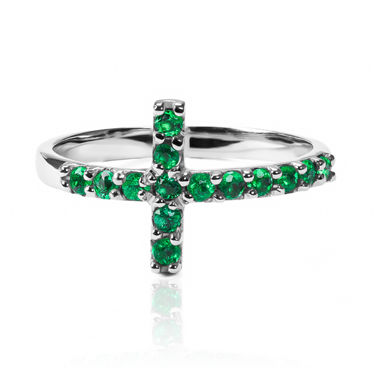 Anillo cruz cristal L verde de Joyería Caracas. Confeccionado en oro 18k y con garantía para toda la vida.