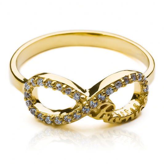 Joyería Caracas con este hermoso Anillo infinity promise en oro 18k. Con una garantía para toda la vida, este anillo es una promesa de amor eterno.