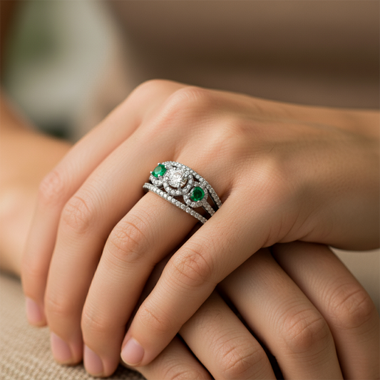 Mano de mujer usando un anillo en oro blanco de 18 quilates con Diamantes y Esmeraldas de Joyería Caracas.