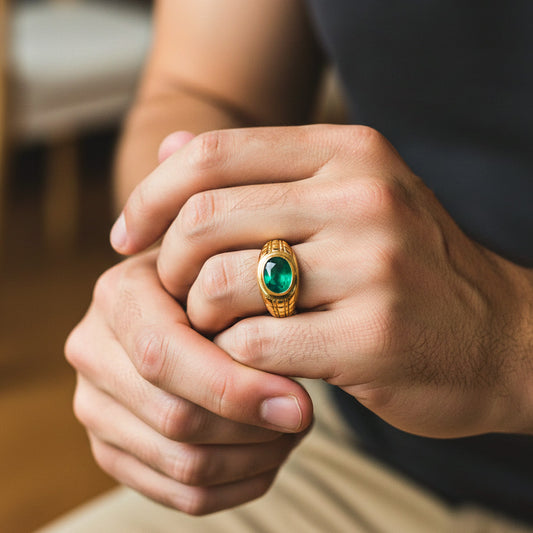 Mano de hombre usando un anillo en oro amarillo de 18 quilates con Esmeralda ovalada de Joyería Caracas.