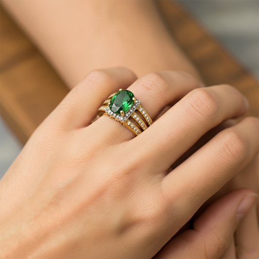 Mano de mujer usando un anillo en oro amarillo y blanco de 18 quilates con piedra ovalado sintética de color verde y Diamantes blanco alrededor de Joyería Caracas.
