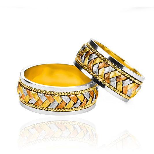 Argollas de matrimonio Braid 3 Oros, fabricadas en oro 18k por Joyería Caracas, cuentan con certificado de calidad y garantía de por vida.