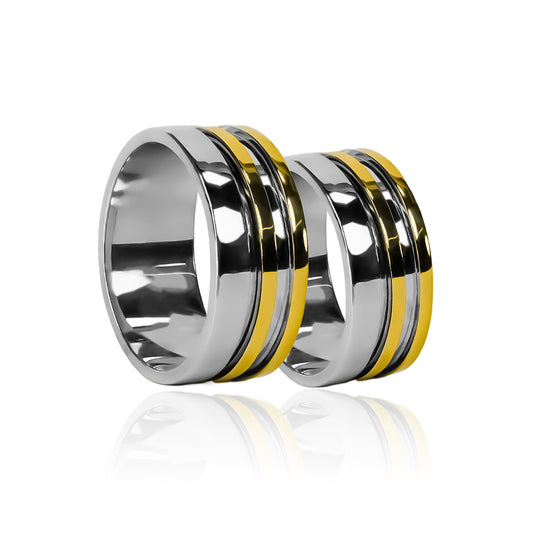 Argollas de matrimonio canal duo bicolor de Joyería Caracas, fabricadas en oro 18k de la mejor calidad. Incluyen certificado de garantía.