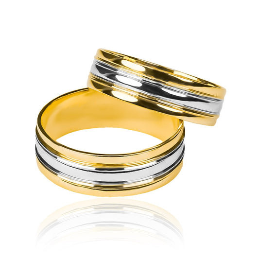 Argollas de matrimonio Concave Buríl, elaboradas en oro de 18k por Joyería Caracas, cada una cuenta con certificado de calidad y garantía de por vida.