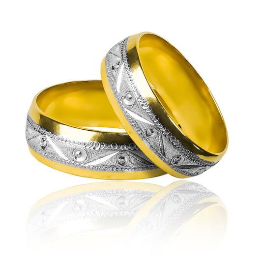 Argollas de matrimonio Facetada Bicolor, elaboradas en oro 18 quilates de Joyería Caracas, cuentan con certificado y garantía de por vida.