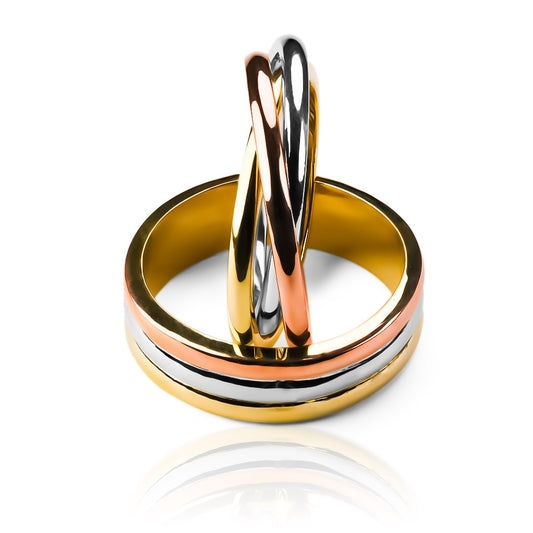 Argollas de matrimonio gemelas cartier + special line 3 oros, fabricadas en oro 18k de Joyería Caracas, cuentan con un certificado de calidad que garantiza su autenticidad y durabilidad de por vida.