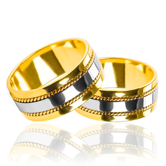 Argollas de matrimonio lazos de amor plane, elaboradas en oro 18k de Joyería Caracas, cada una cuenta con certificado de calidad y garantía de por vida.