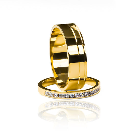 Argollas de matrimonio Line Princess, fabricadas en oro 18k por Joyería Caracas. Cada anillo cuenta con certificado de calidad y garantía de por vida.