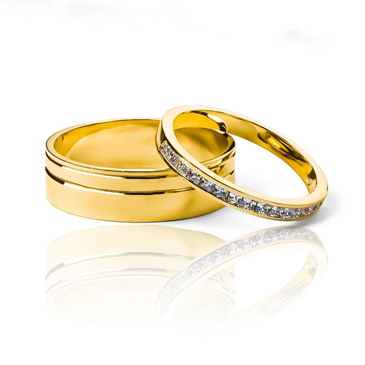 Argollas de matrimonio Line Princess, fabricadas en oro 18k por Joyería Caracas. Cada anillo cuenta con certificado de calidad y garantía de por vida.