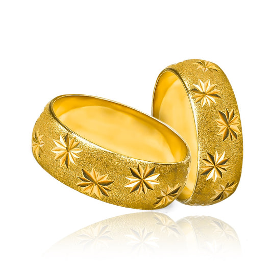Argollas de matrimonio Noche Estrellada, fabricadas en oro 18 quilates, cuentan con certificado de calidad y garantía para toda la vida.