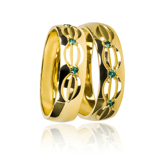 Argollas de matrimonio Sheet Green cristal Concava de Joyería Caracas. Fabricadas en oro de 18k certificado, cuentan con garantía para toda la vida.