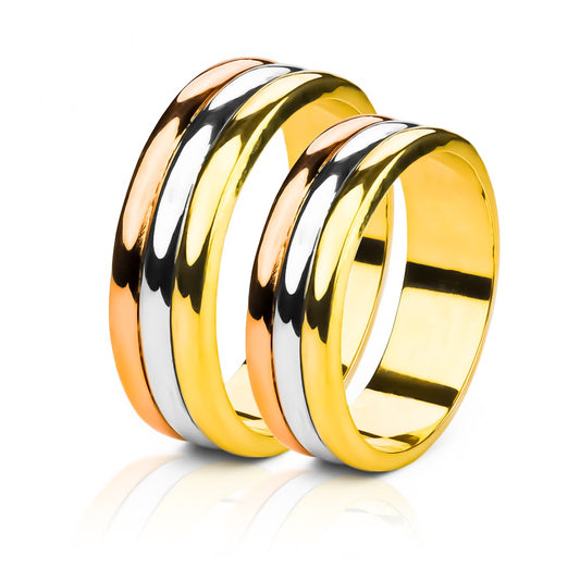 Argollas de matrimonio Trik 3 Oros, elaboradas en oro 18k por Joyería Caracas, cuenta con certificado de calidad y garantía de por vida.