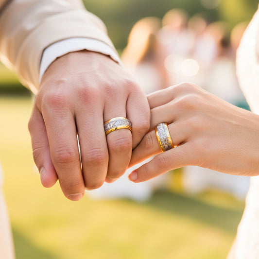 Mano de pareja usando unas argollas de matrimonio en oro amarillo y blanco facetadas de 18 quilates de Joyería Caracas.