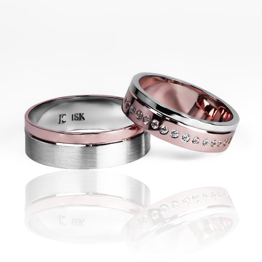 Argollas de matrimonio Rose and White Love de Joyería Caracas. Hechos en oro de 18 quilates con certificado de calidad.