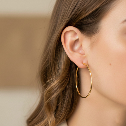 Oreja de modelo usando unas candongas tubo en oro amarillo de 18 quilates de Joyería Caracas.