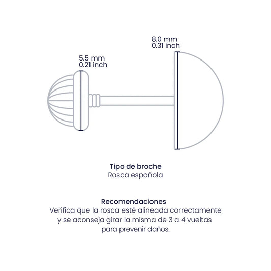 Croquis de topito media esfera lisa de 8.0mm con broche de rosca española en oro amarillo de 18 quilates, hechos en Joyería Caracas.
