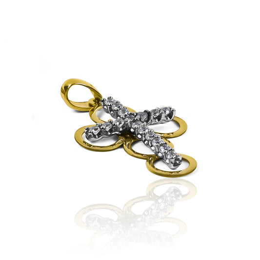 Dije Cruz mini circles bicolor de oro de 18K de Joyería Caracas, con esta joyería de calidad y garantía de toda la vida.