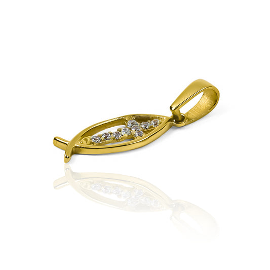 Dije Pez - Cruz I, elaborado en oro 18K por Joyería Caracas, cuenta con certificado de calidad y garantía.